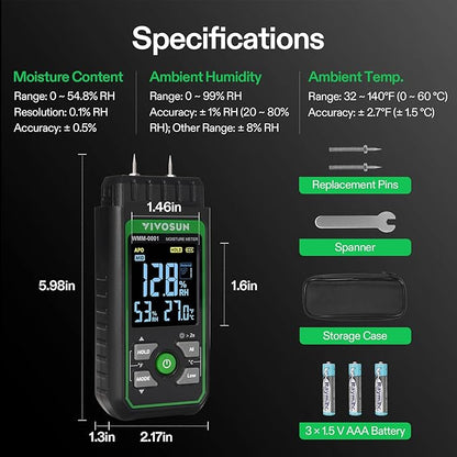 VIVOSUN Wood Moisture Meter, 3-In-1 Pin-Type Digital Moisture Tester, Ambient - Image 7