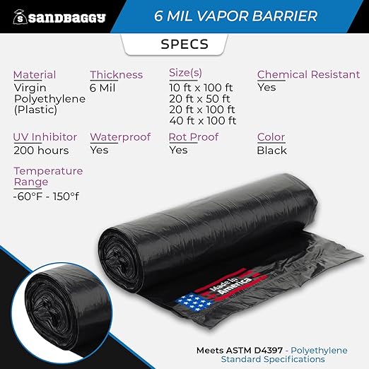 Sandbaggy 10 ft x 100 ft Vapor Barrier 6 Mil | Polyethylene | Black Plastic - Image 2