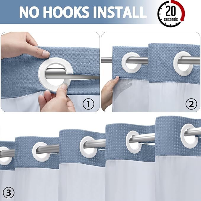 No Hook Shower Curtain and Liner Set, Sky Blue Hotel Waffle Shower Curtain - Image 2