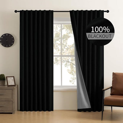CUCRAF Linen 100% Blackout Curtains 96 Inch Length 2 Panels Set, Back Tab and by CUCRAF