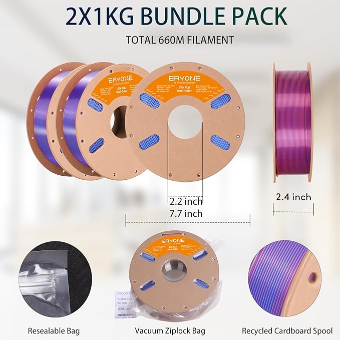 ERYONE Silk Dual Color PLA Filament 3D Printer 1.75mm +/- 0.03mm, Bicolor - Image 6