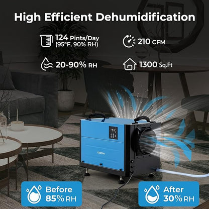 COSTWAY 124 PPD Commercial Dehumidifier, 1300 Sq.Ft Crawl Space Dehumidifier - Image 2