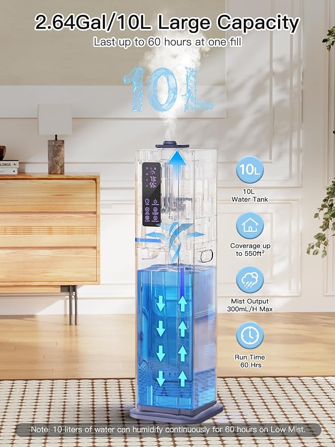 10L/2.64Gal Humidifiers for Bedroom, Top Fill Quiet Ultrasonic Cool Mist - Image 2