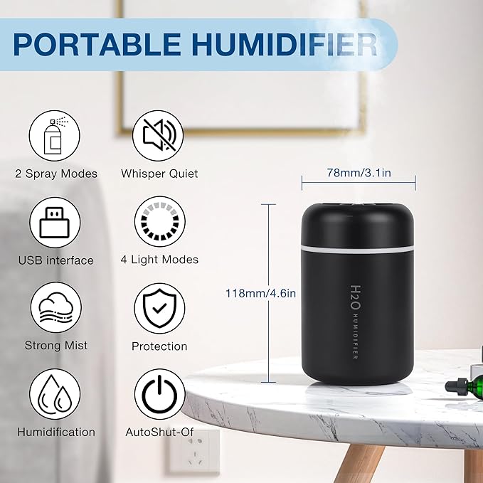Portable Mini Humidifier, 300ml USB Cool Mist Small Humidifier - Image 2