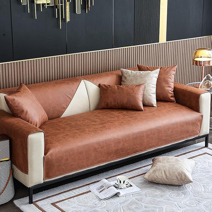 Faux Leather Waterproof Couch Sofa Cover Vintage PU Sectional Couch Cover Non - Image 3
