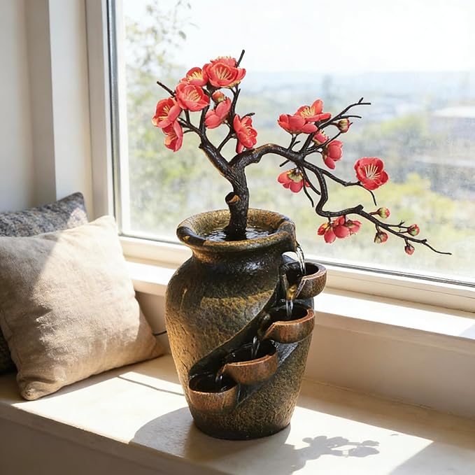 16" Flower Ornament Vase Decorative Bonsai Mini Tabletop Waterfall Fountain - Image 2