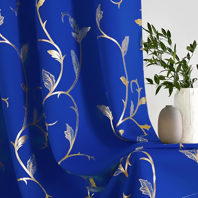 BUHUA Blackout Curtains Gold Foil Print Flower Vine Grommet Drapes, Room - Image 3