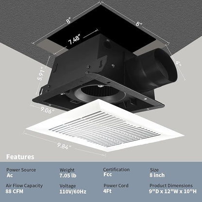 Bathroom Exhaust and Ventilation Fan 88CFM, Ultra-quiet Bath Fan Ceiling Mount - Image 3