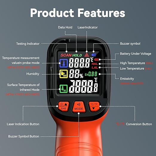 Laser Thermometer -58°F to 1796°F, Dual-Mode Infrared Thermometer Temperature - Image 4
