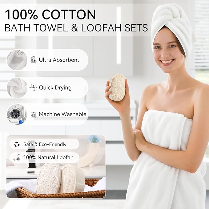 White Bathroom Set, Bath Towel Set, Natural Loofah Sponge, Soap Dispenser - Image 5