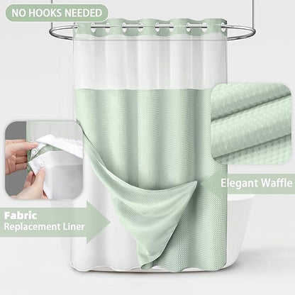 No Hook Shower Curtain and Liner Set, Mint Green Hotel Waffle Shower Curtain - Image 3