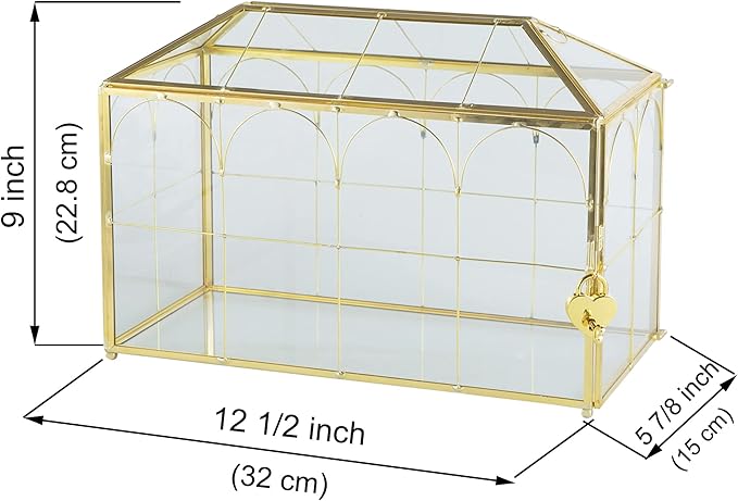 Glass Wedding Card Box with Slot, 12.6 inch Large Clear Card Box Gold Brass - Image 6