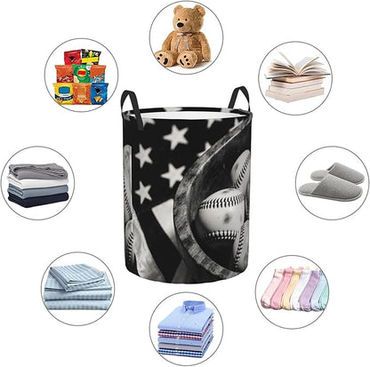 Vintage Baseballs Retro Flag Display Design Round Laundry Hamper Bag - Image 6