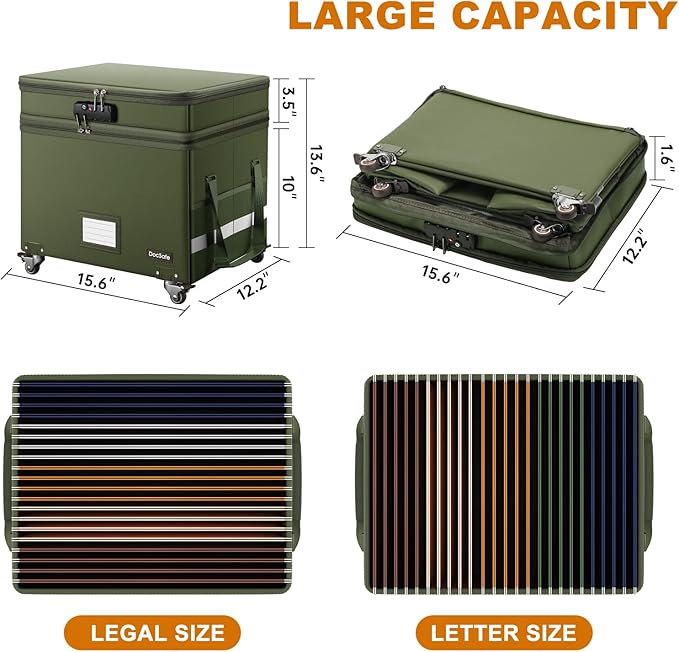 DocSafe File Box with Lock, 2-Layer Fireproof Document Box with Wheels - Image 6