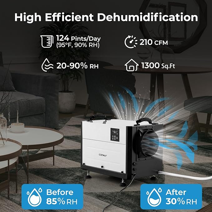 COSTWAY 124 PPD Commercial Dehumidifier, 1300 Sq.Ft Crawl Space Dehumidifier - Image 4
