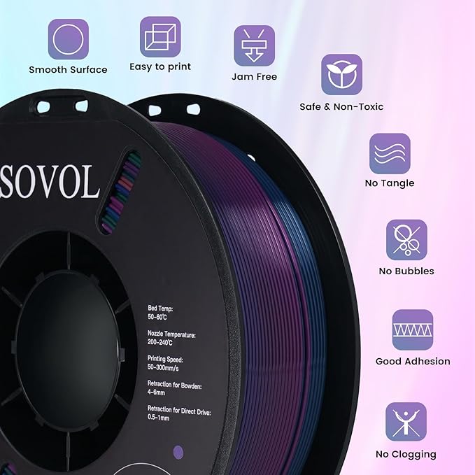 Sovol 3D Printer Silk Shiny Multicolored Fast Change Rainbow PLA 1kg Spool 3D - Image 3