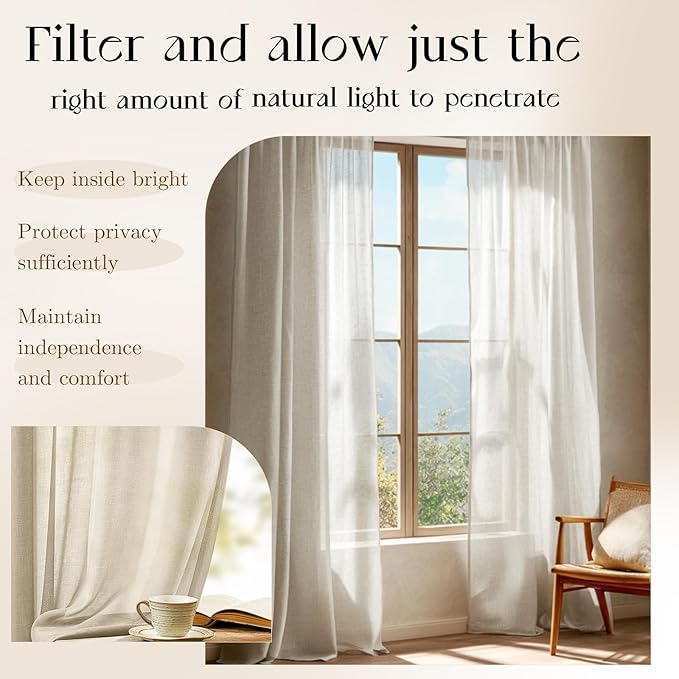 Dreaming Casa Taupe Sheer Curtains 102 Inches Long, Rod Pocket & Back Tab Light - Image 3