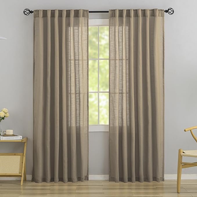 Burlap Linen Back Tab & Rod Pocket Semi Gauze Privacy Parlor Curtains, 2 Panels by DONREN