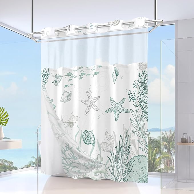 No Hook Shower Curtain with Snap in Liner, Beach Ocean Nautical Coastal Shower - Image 2