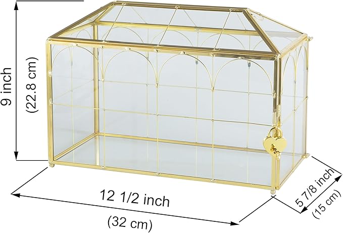 Glass Wedding Card Box with Slot, 12.5'' Large Clear Card Box Gold Brass Gift - Image 6