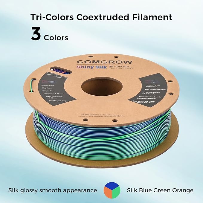 Comgrow Tri-Colors Silk PLA 3D Printer Filament, Rainbow PLA Filament 1.75mm - Image 3