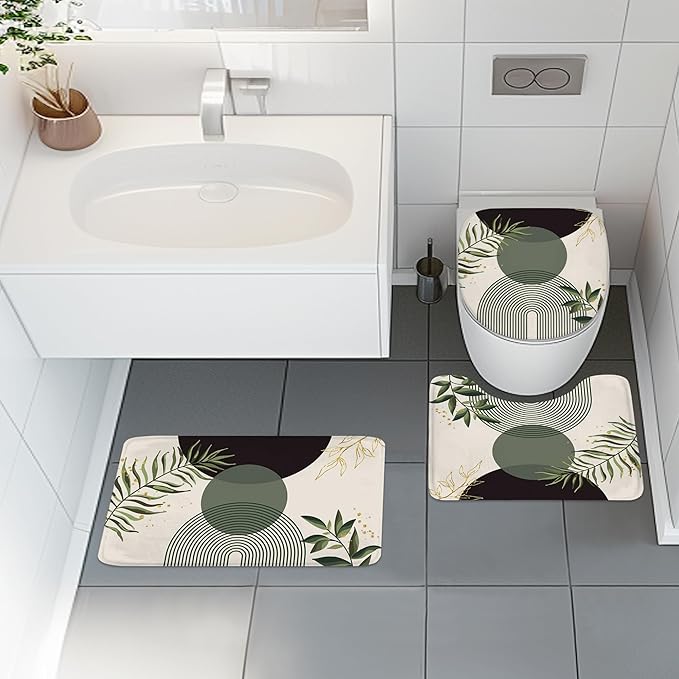 4 PCS Dark Green Boho 72Wx72H Shower Curtain Set Modern Mid Century Leaves - Image 2