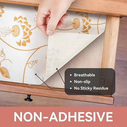 RAY STAR Shelf Liner, Non Adhesive Golden Leaves Floral Kitchen Cabinet Liner - Image 8