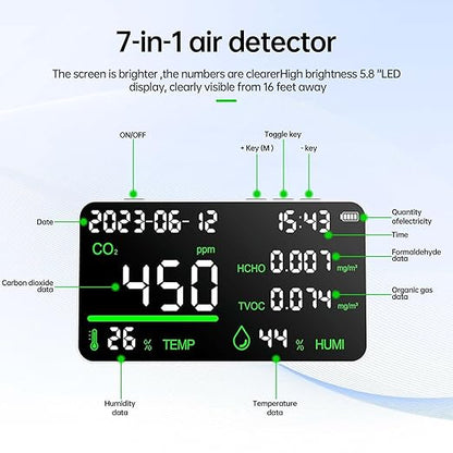 7-in-1 Indoor Air Quality Monitor, Desktop CO2/TVOC/HCHO Detector - Image 3