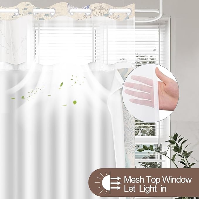 No Hook Shower Curtain with Snap in Liner, Beach Ocean Nautical Coastal Shower - Image 3