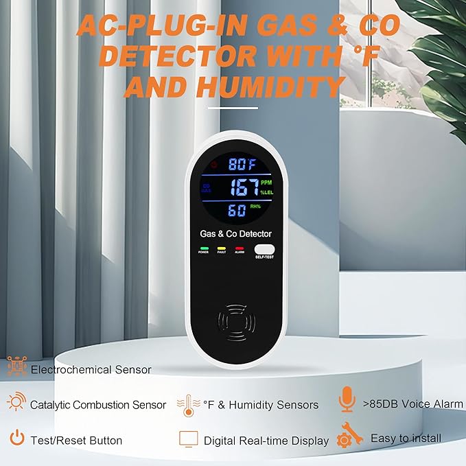 3 Packs Plug in Gas & Carbon Monoxide Detector, 4-in-1 Carbon Monoxide Alarm - Image 4