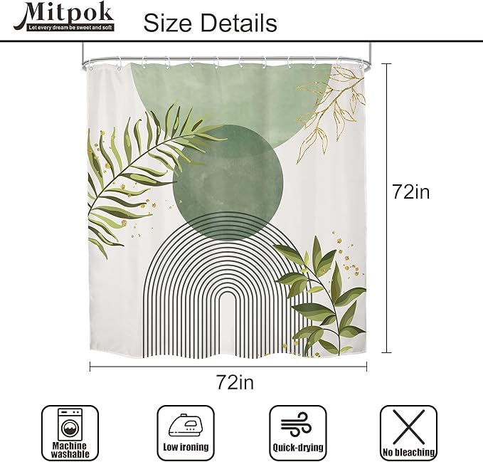 4 PCS Sage Green Boho 72Wx72H Shower Curtain Set Modern Leaves Mid Century - Image 4