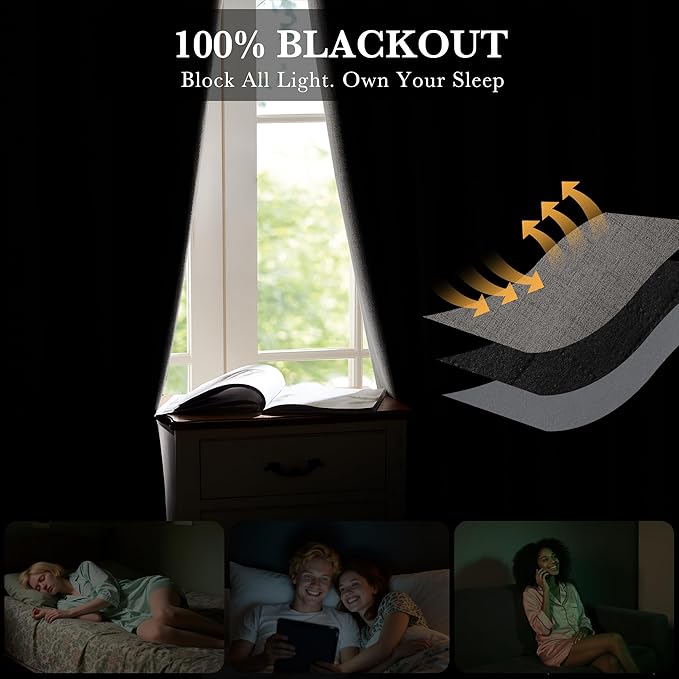 RYB HOME Grey 100% Blackout Linen Curtains 72 inch Long, Thermal Insulated & - Image 3