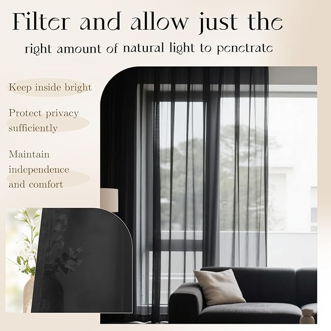 Dreaming Casa Solid Sheer Curtains 108 Inches Long Black Rod Pocket Voile - Image 4
