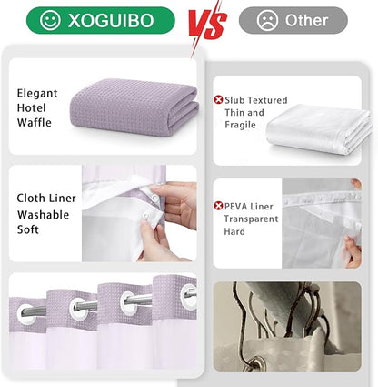 No Hook Shower Curtain and Liner Set, Lavender Hotel Waffle Shower Curtain - Image 5