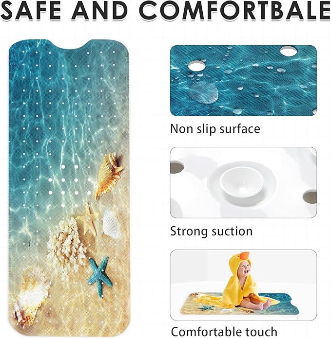 Seashell Summer Beach Bath Mat Non Slip, Starfish Blue 40 X 16 Inch Extra Long - Image 4