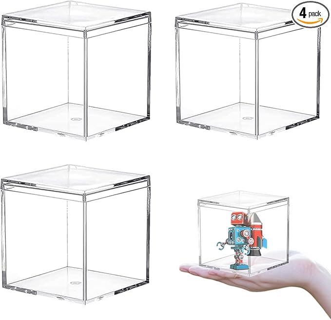 Clear Acrylic Box with Lid, 4 Pack 2.6x2.6x2.6 Inches Clear Decorative Boxes by LOVPLAY