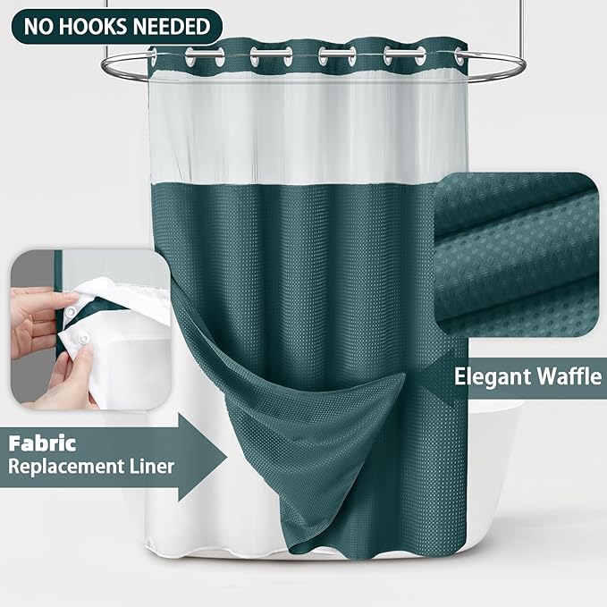 No Hook Shower Curtain and Liner Set, Seaweed Green Hotel Waffle Shower Curtain - Image 3