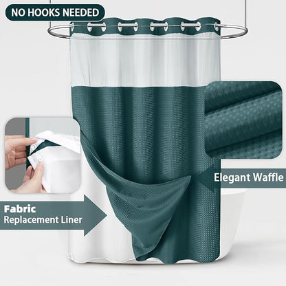 No Hook Shower Curtain and Liner Set, Seaweed Green Hotel Waffle Shower Curtain - Image 3