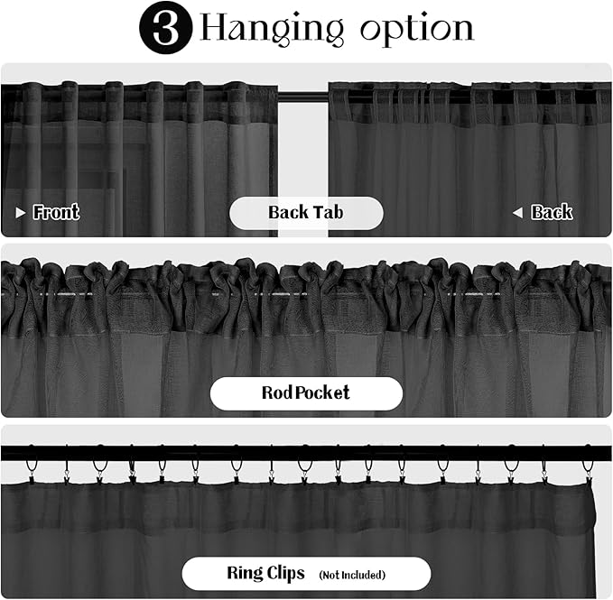 Dreaming Casa Black Sheer Curtains 102 Inches Long, Rod Pocket & Back Tab Light - Image 5