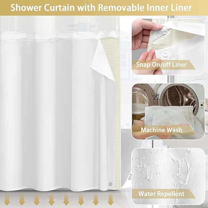 No Hook Shower Curtain and Liner Set, Cream Hotel Waffle Shower Curtain - Image 4