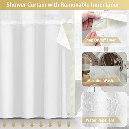 No Hook Shower Curtain and Liner Set, Cream Hotel Waffle Shower Curtain - Image 4