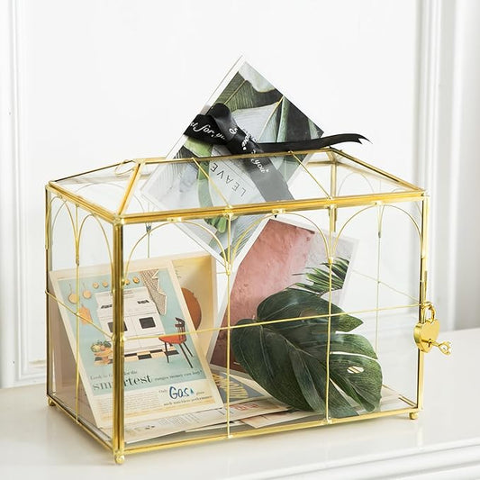 Glass Wedding Card Box with Slot, 10.2'' Large Clear Card Box Gold Brass Gift by Unknown
