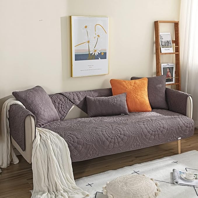 vctops Boho Circle Embroidery Couch Sofa Cover Solid Color Cotton Quilted - Image 3