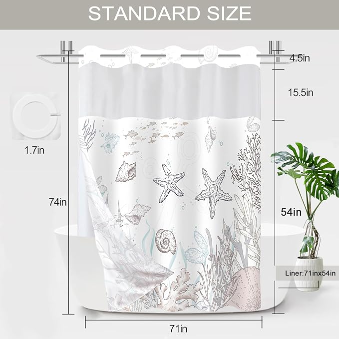 No Hook Shower Curtain with Snap in Liner, Beach Ocean Nautical Coastal Shower - Image 7