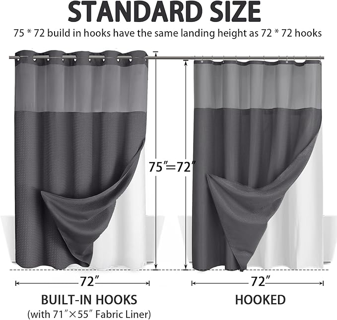 No Hook Shower Curtain and Liner Set, Dark Grey Hotel Waffle Shower Curtain - Image 6