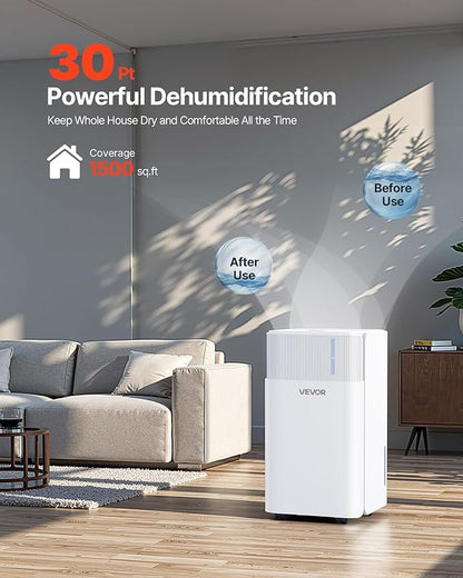 VEVOR 30 Pints Dehumidifier for Home & Basement, 1500 Sq.Ft Large CoverageDrain - Image 2