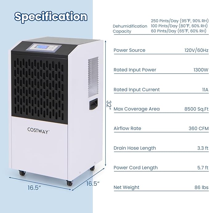 COSTWAY 250 Pints Commercial Dehumidifier - Image 5