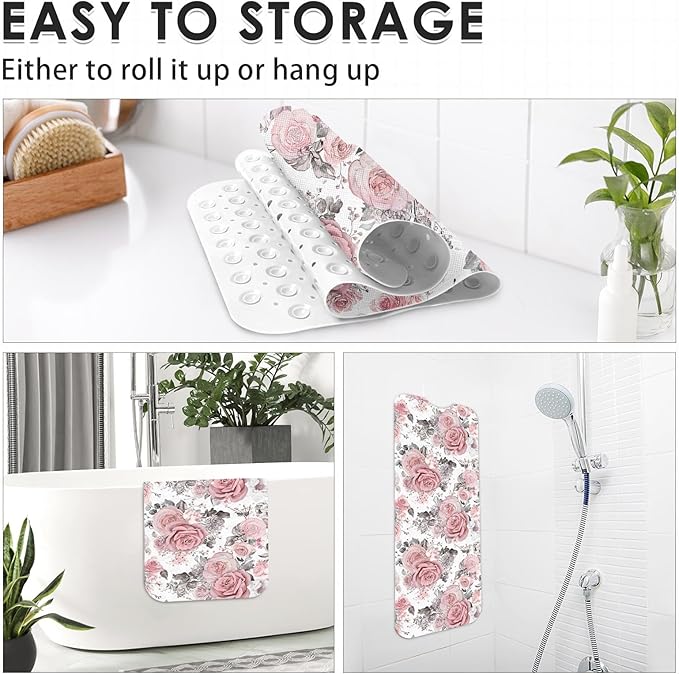 Pink Flower Leaves Bath Mat Non Slip, Floral Rose Spring 40 X 16 Inch Extra - Image 5