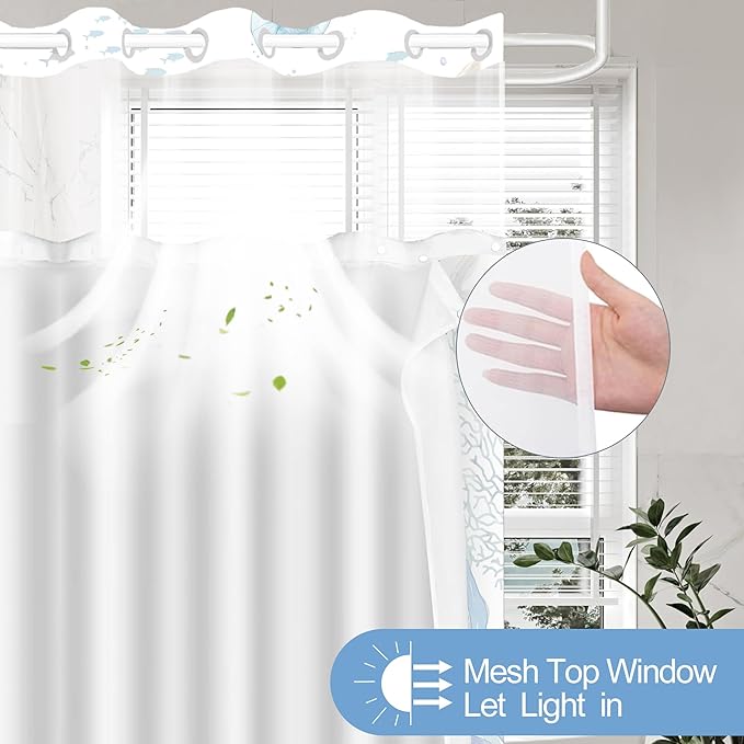 No Hook Shower Curtain with Snap in Liner, Beach Ocean Nautical Coastal Shower - Image 3