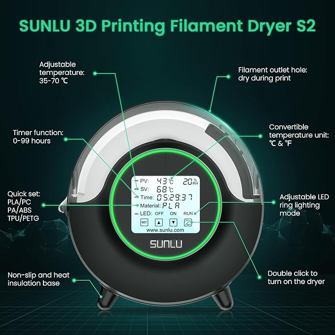 SUNLU Official Filament Dryer S2, Built-in Circulation Fan, 70℃ Max Temperature - Image 5